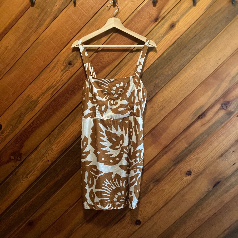 100% Linen BODEN  A-line brown and cream Fall dress!